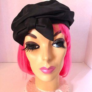 New York Nell Vintage Black Satin Beret with Bow